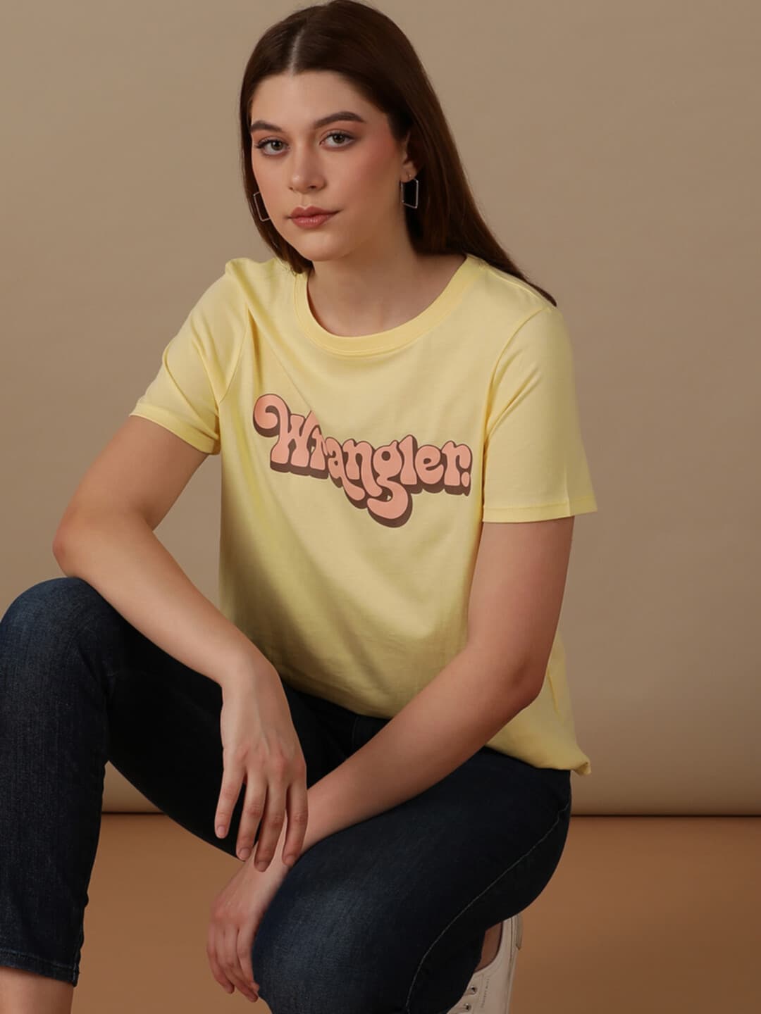 Women Logo Yellow Crew Neck Regular Fit Tshirt