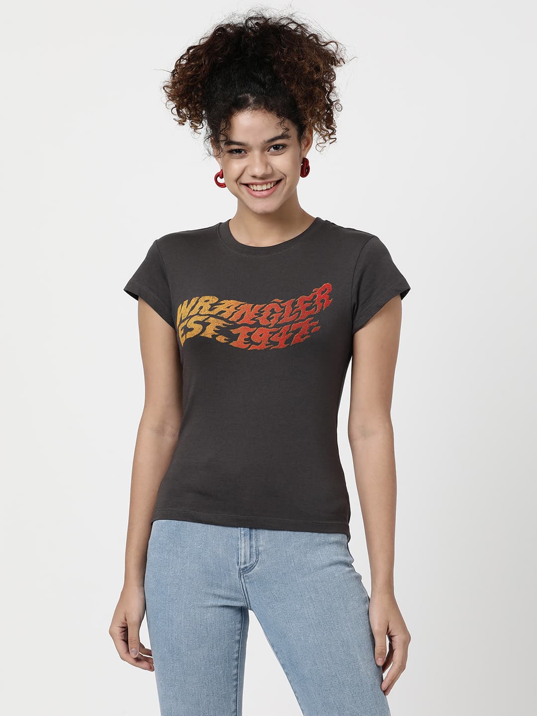 Women Graphic Print Grey Crew Neck Relaxed Fit Tshirt